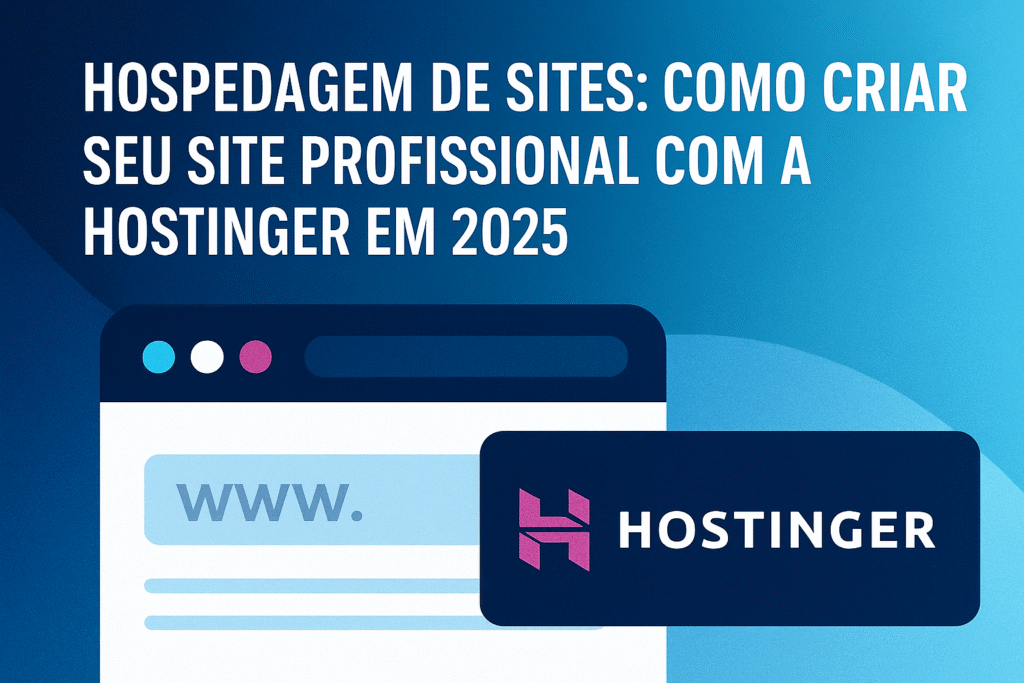 Imagem ilustrativa com o título “Hospedagem de Sites: Como Criar seu Site Profissional com a Hostinger em 2025”, mostrando uma janela de navegador e o logotipo da Hostinger, representando tecnologia e criação de sites.